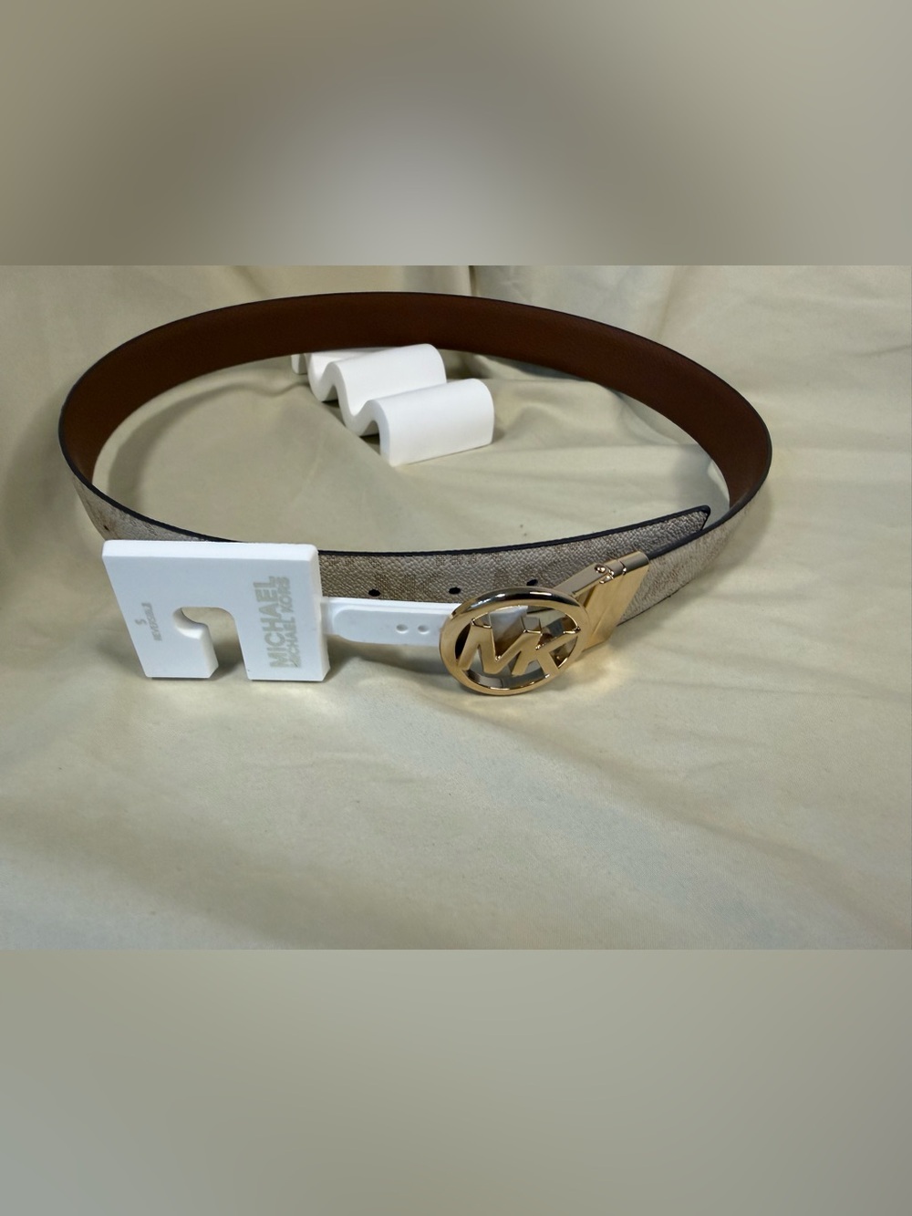 Michael Kors Beige/Brown Signature Logo Belt with Gold MK Buckle